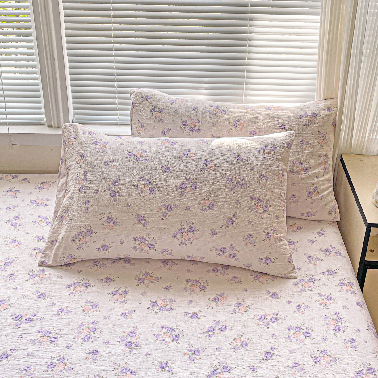 91家纺网 家纺一手货源 找家纺 优选良品 2025新款ins小清新木棉双层纱印花床笠床垫保护罩枕套三件套 酣春