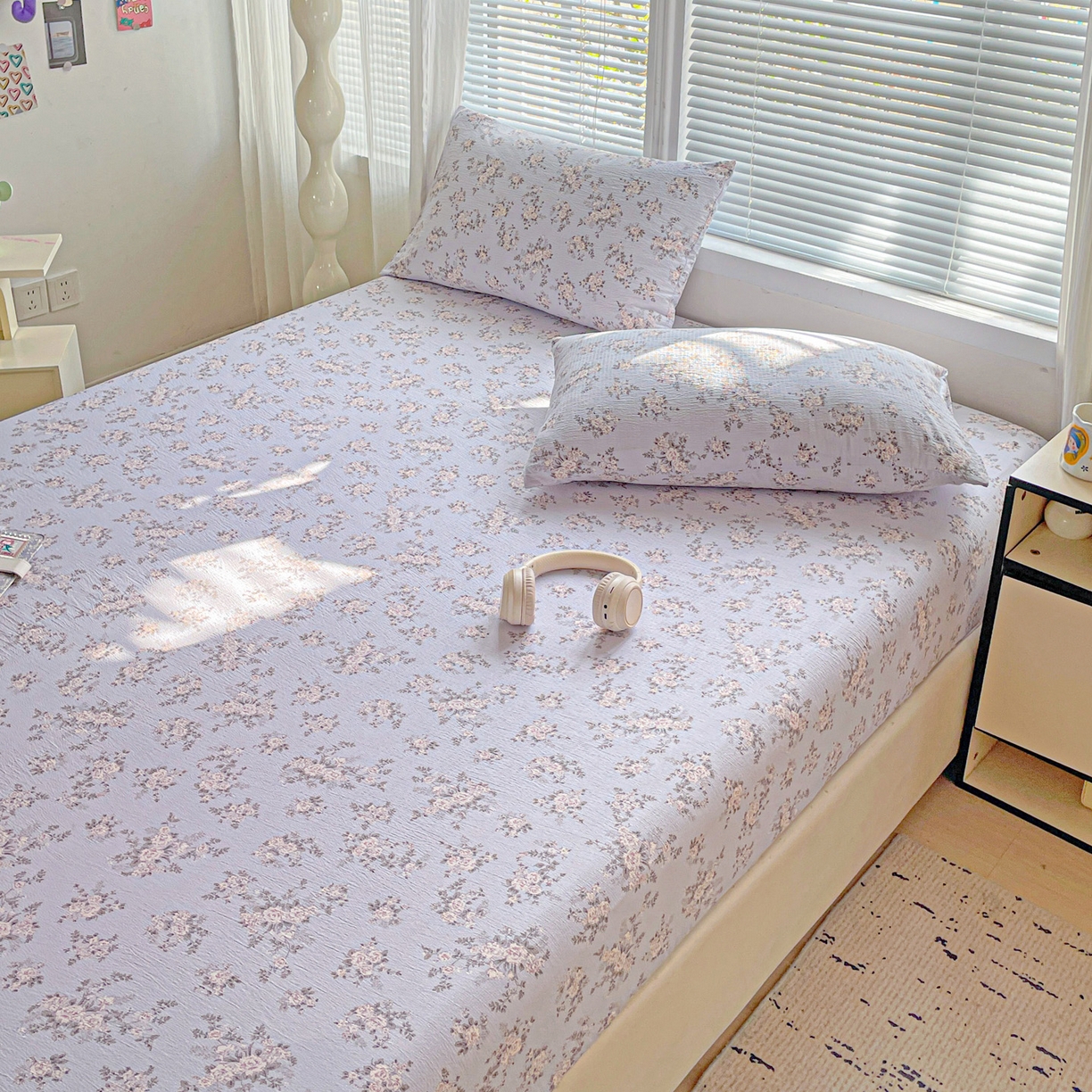 91家纺网 家纺一手货源 找家纺 优选良品 2025新款ins小清新木棉双层纱印花床笠床垫保护罩枕套三件套 华梦