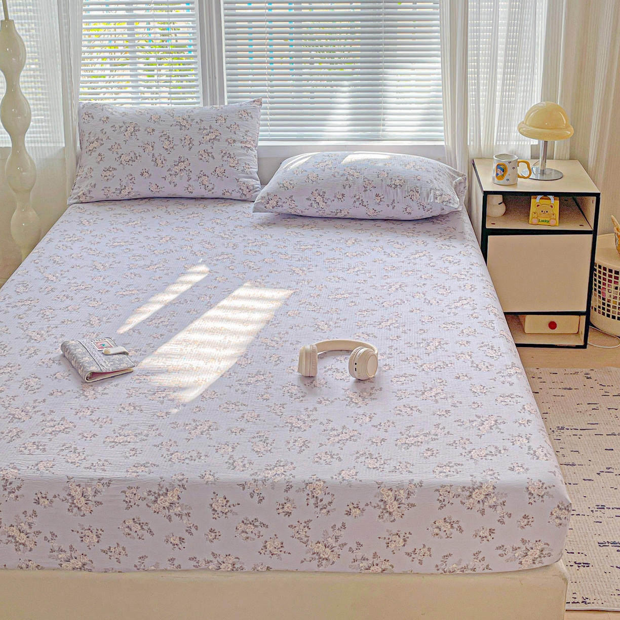 91家纺网 家纺一手货源 找家纺 优选良品 2025新款ins小清新木棉双层纱印花床笠床垫保护罩枕套三件套 华梦