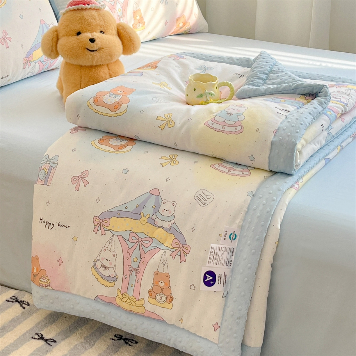 盛秋家纺 2026新款A类水洗棉豆豆夏被系列二 小熊时光+天空蓝