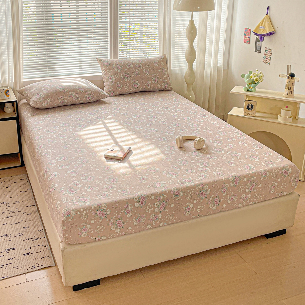 91家纺网 家纺一手货源 找家纺 优选良品 2025新款ins小清新木棉双层纱印花床笠床垫保护罩枕套三件套 绮梦