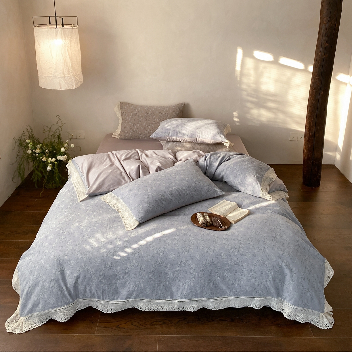 91家纺网 家纺一手货源 找家纺 赫帛 2026新款全棉纯棉色织提花水洗棉四件套-叶岚 叶岚-蓝色