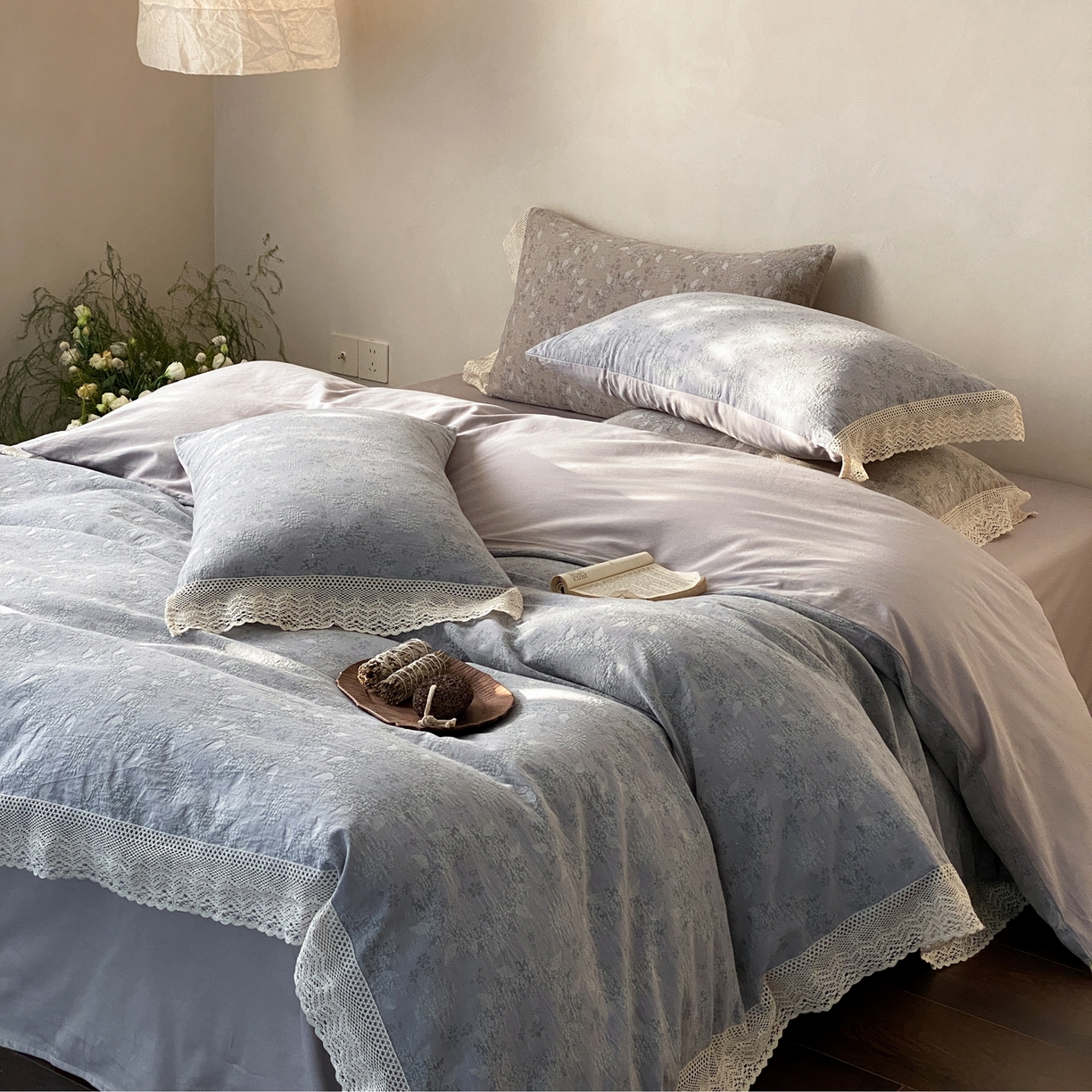 91家纺网 家纺一手货源 找家纺 赫帛 2026新款全棉纯棉色织提花水洗棉四件套-叶岚 叶岚-蓝色