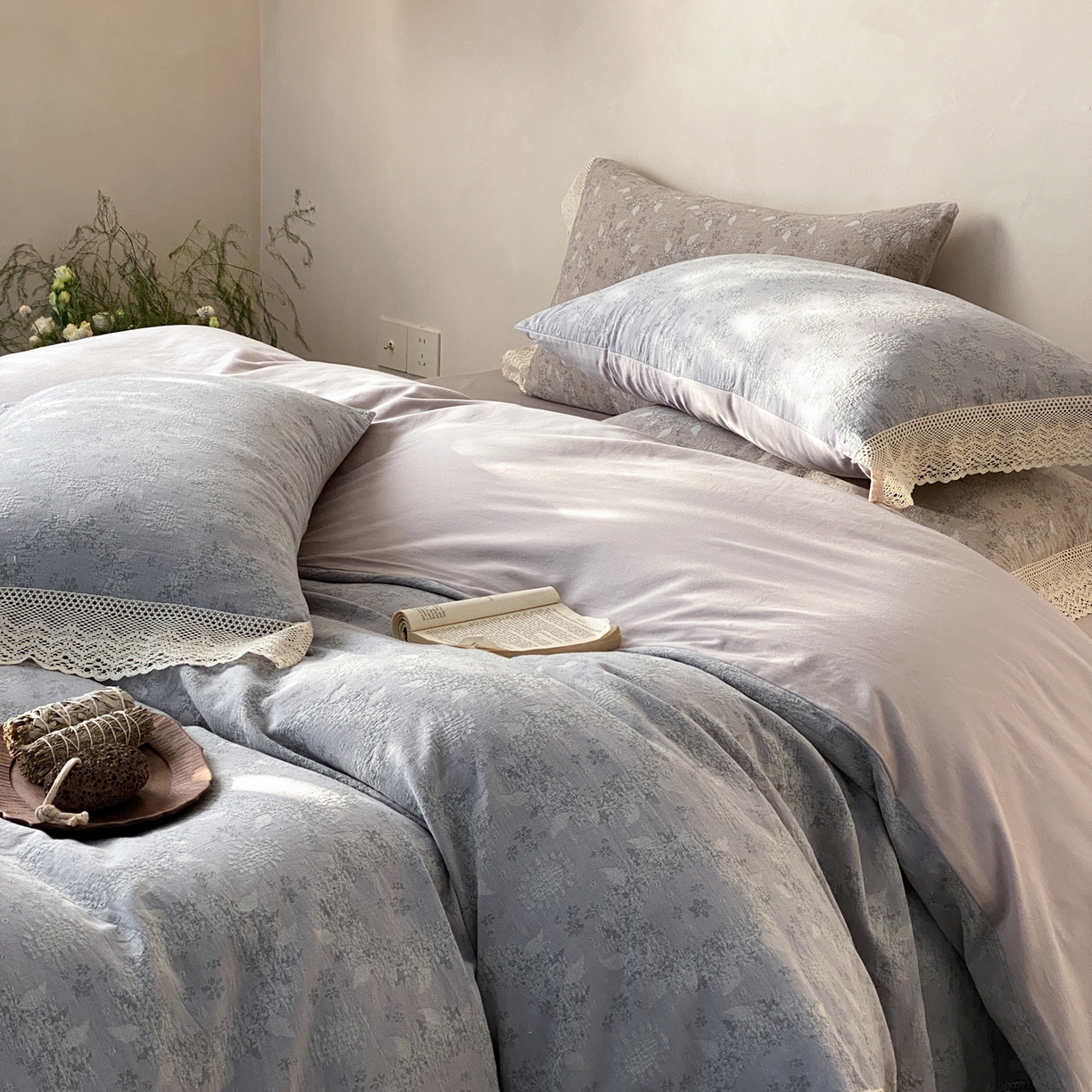 91家纺网 家纺一手货源 找家纺 赫帛 2026新款全棉纯棉色织提花水洗棉四件套-叶岚 叶岚-蓝色