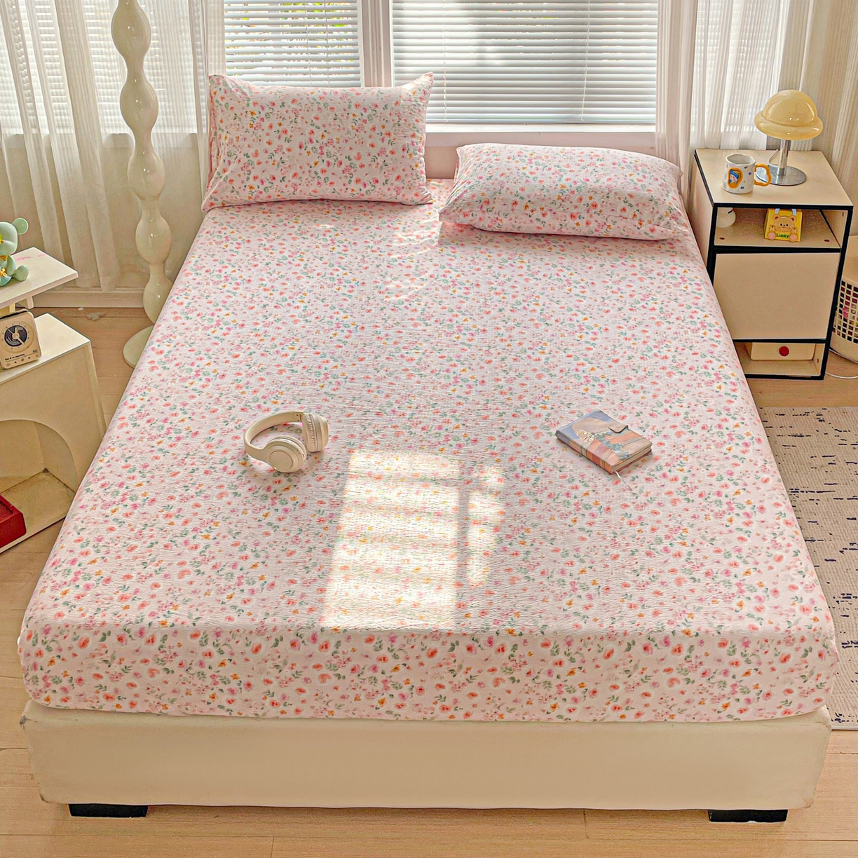 优选良品 2025新款ins小清新木棉双层纱印花床笠床垫保护罩枕套三件套 素锦