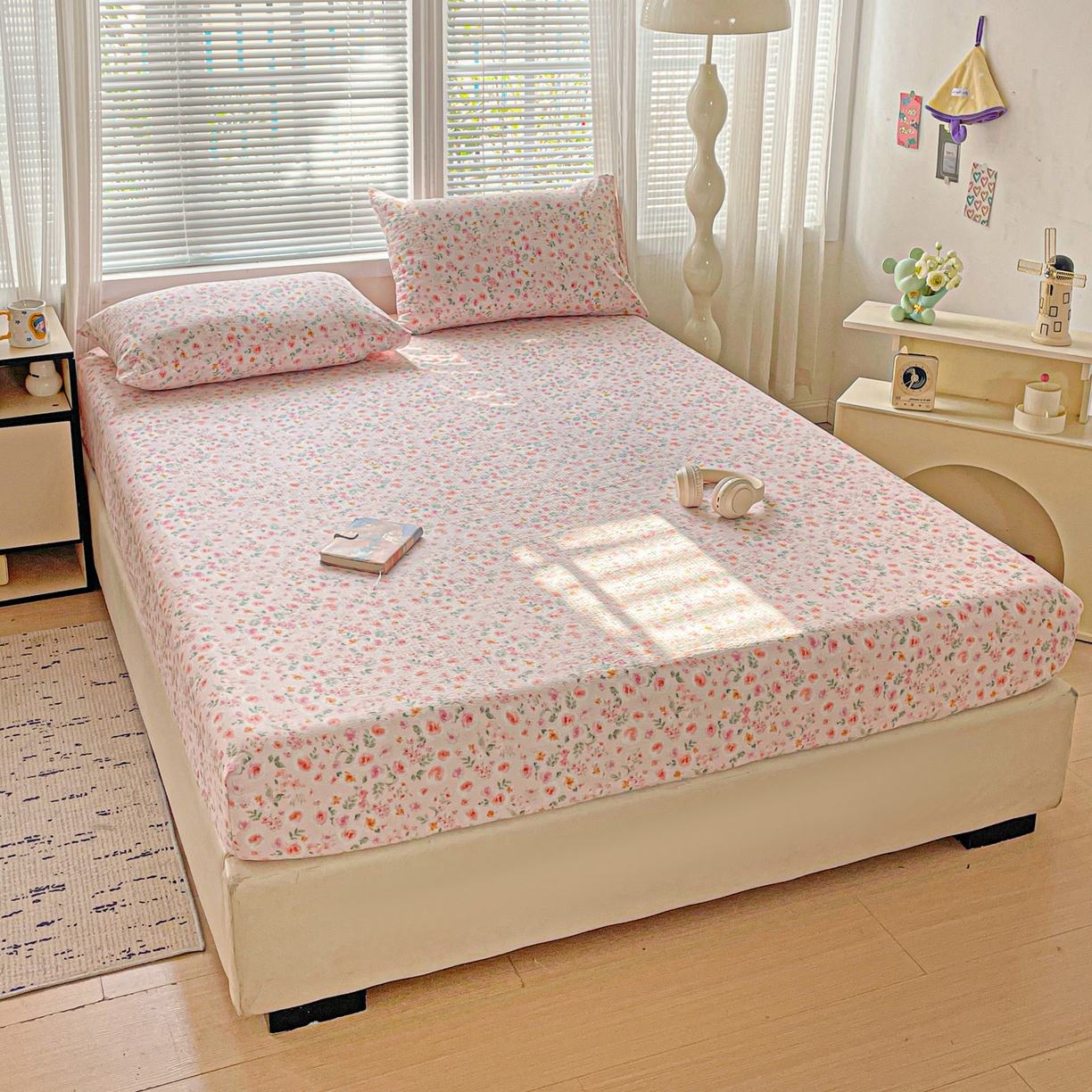 91家纺网 家纺一手货源 找家纺 优选良品 2025新款ins小清新木棉双层纱印花床笠床垫保护罩枕套三件套 素锦