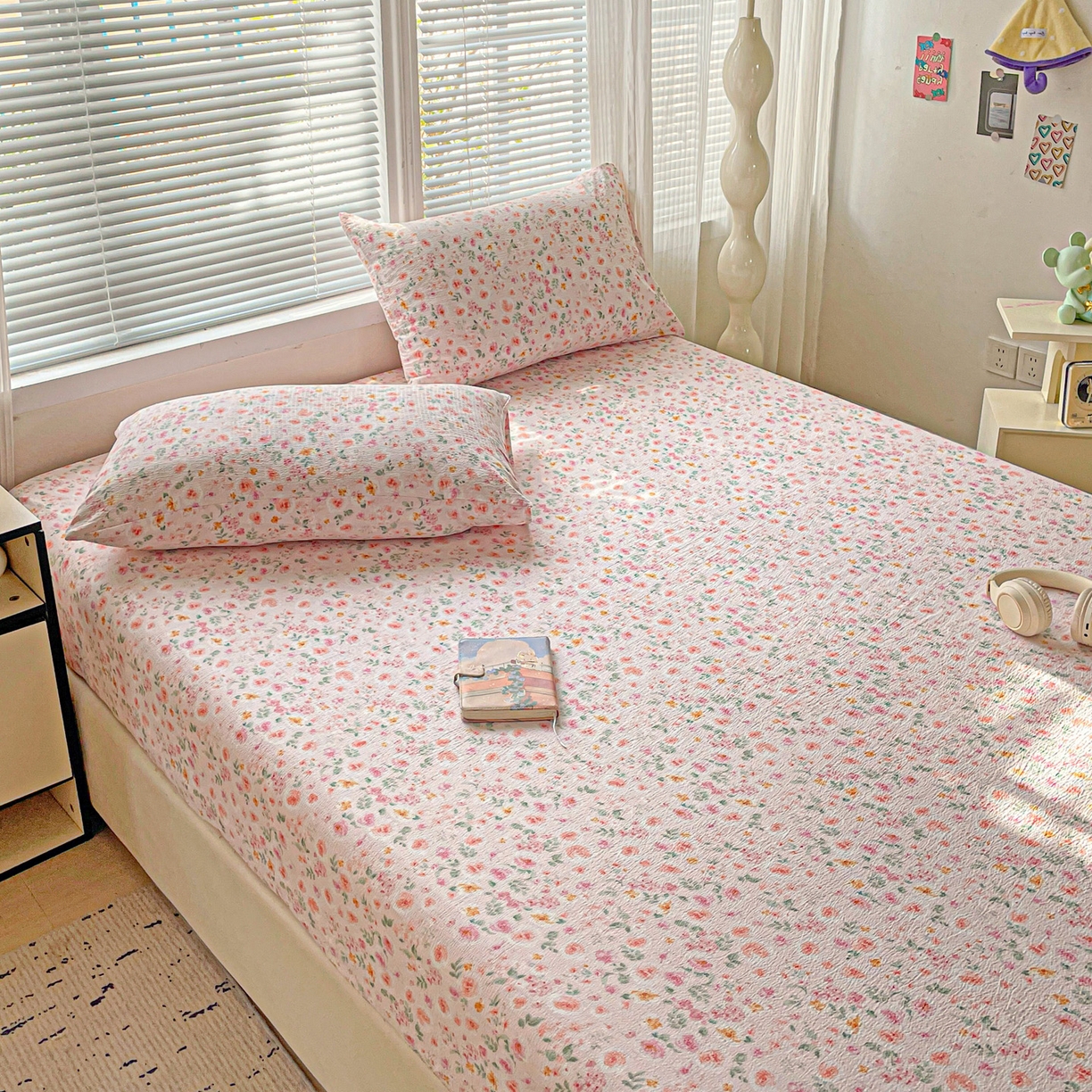 91家纺网 家纺一手货源 找家纺 优选良品 2025新款ins小清新木棉双层纱印花床笠床垫保护罩枕套三件套 素锦