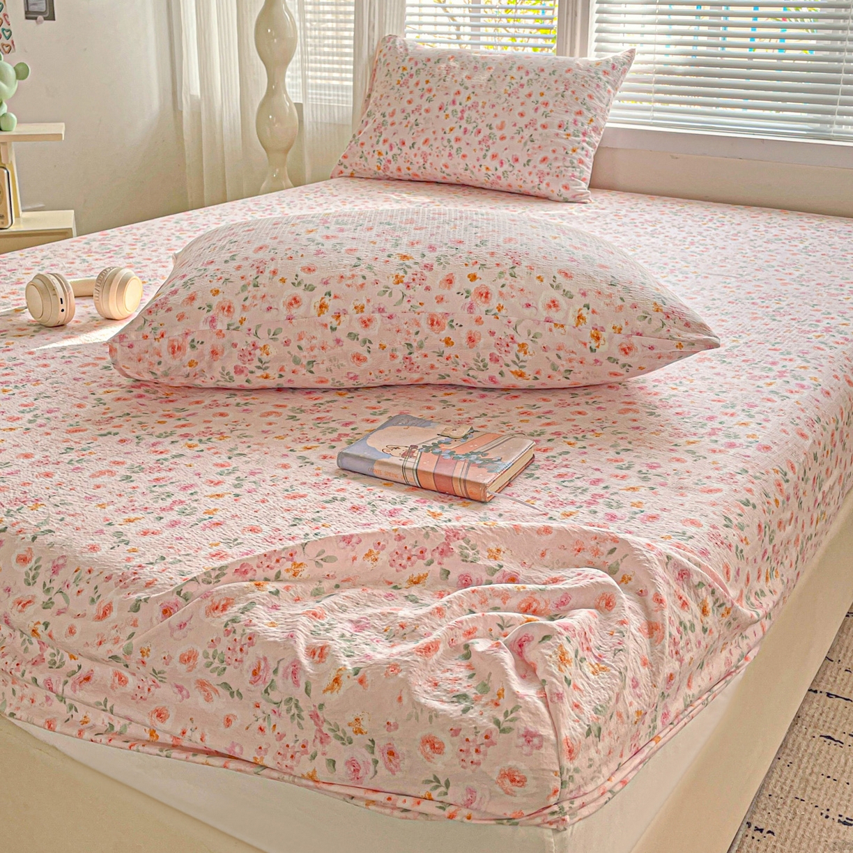 91家纺网 家纺一手货源 找家纺 优选良品 2025新款ins小清新木棉双层纱印花床笠床垫保护罩枕套三件套 素锦