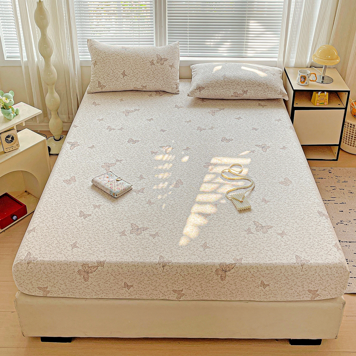 优选良品 2025新款ins小清新木棉双层纱印花床笠床垫保护罩枕套三件套 蝴蝶谷