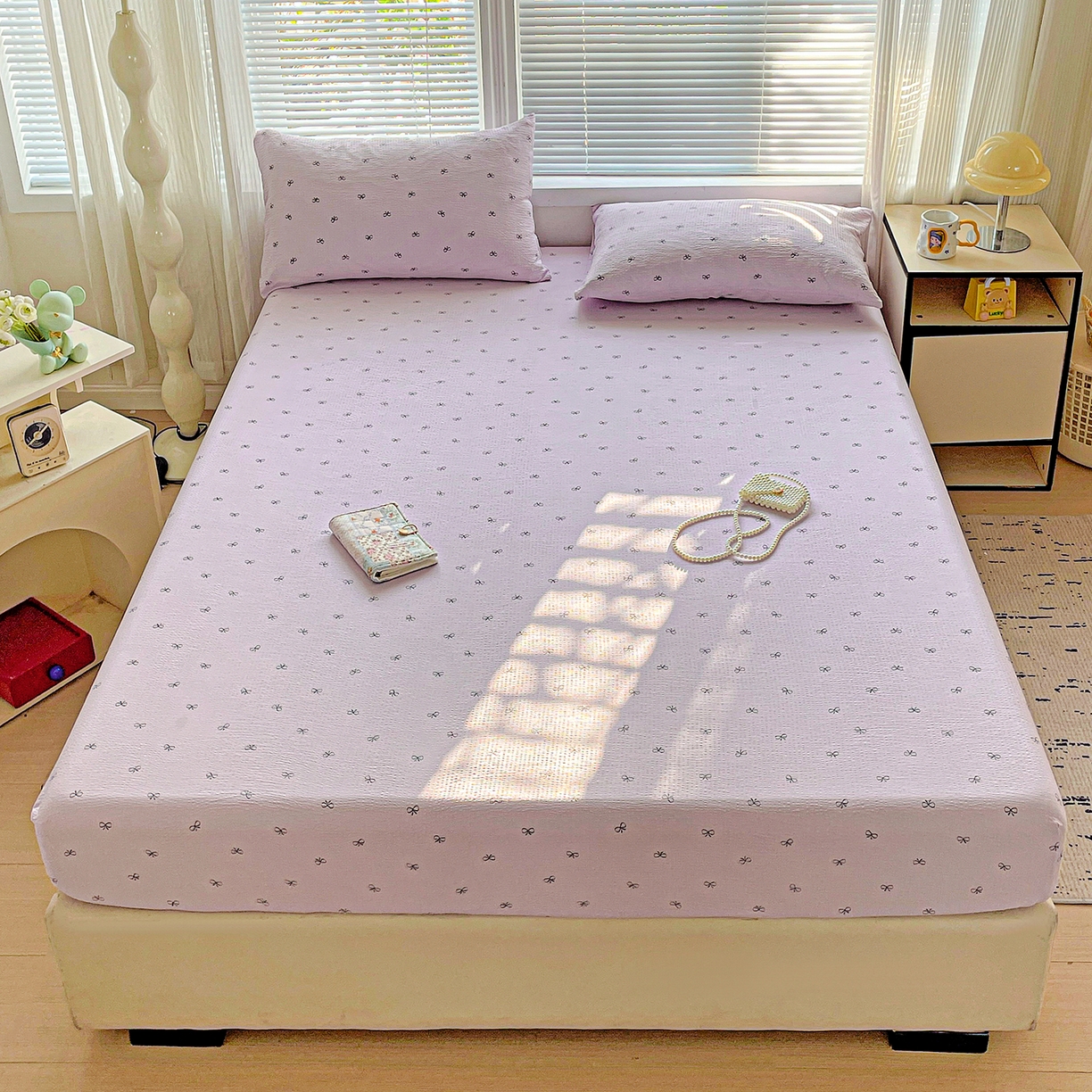 优选良品 2025新款ins小清新木棉双层纱印花床笠床垫保护罩枕套三件套 蝴蝶结-紫