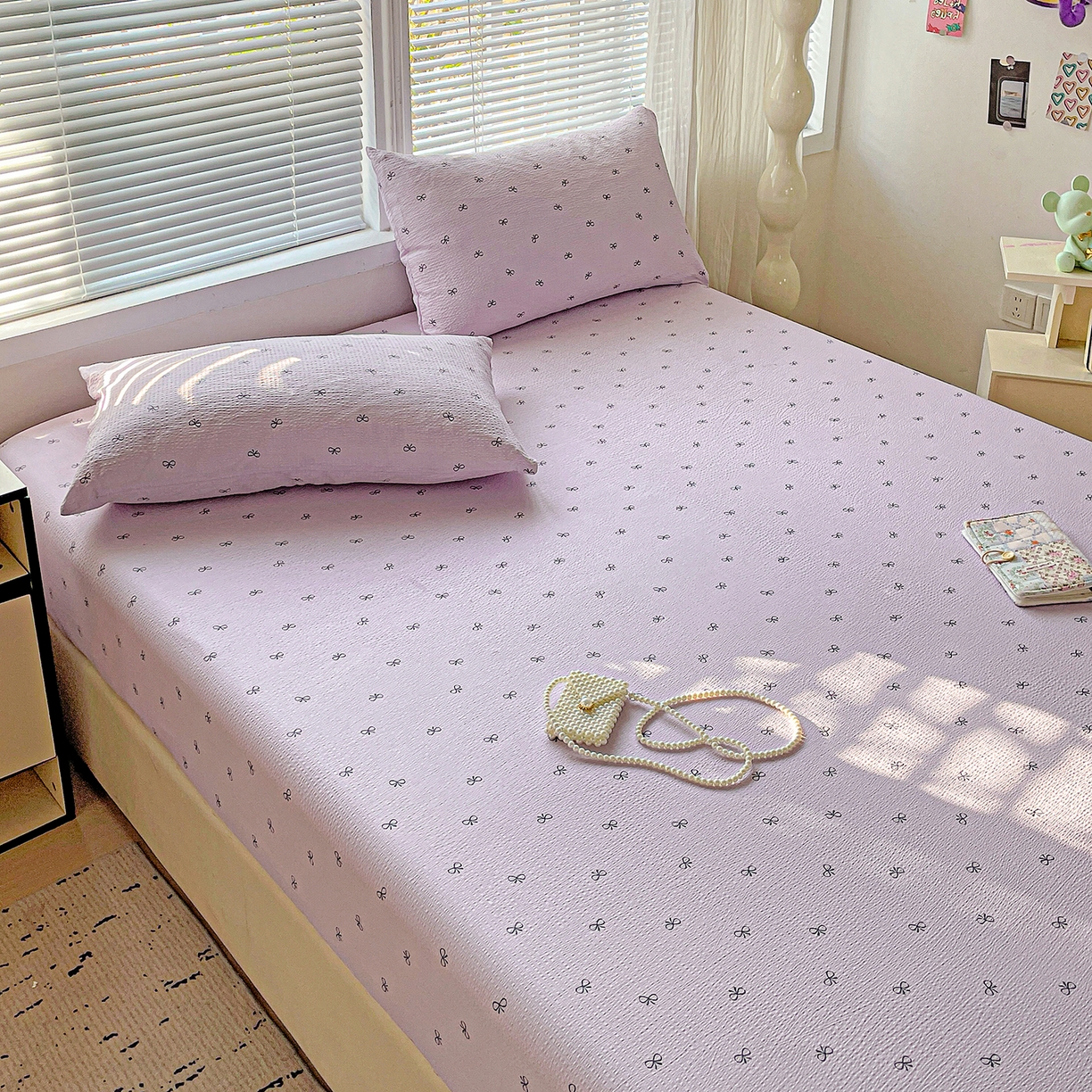 91家纺网 家纺一手货源 找家纺 优选良品 2025新款ins小清新木棉双层纱印花床笠床垫保护罩枕套三件套 蝴蝶结-紫