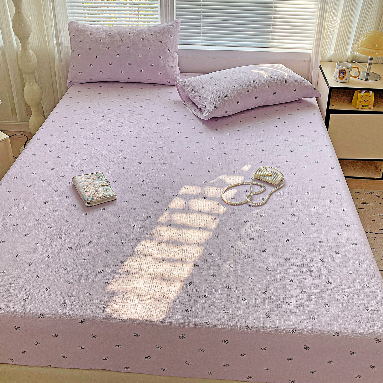 91家纺网 家纺一手货源 找家纺 优选良品 2025新款ins小清新木棉双层纱印花床笠床垫保护罩枕套三件套 蝴蝶结-紫