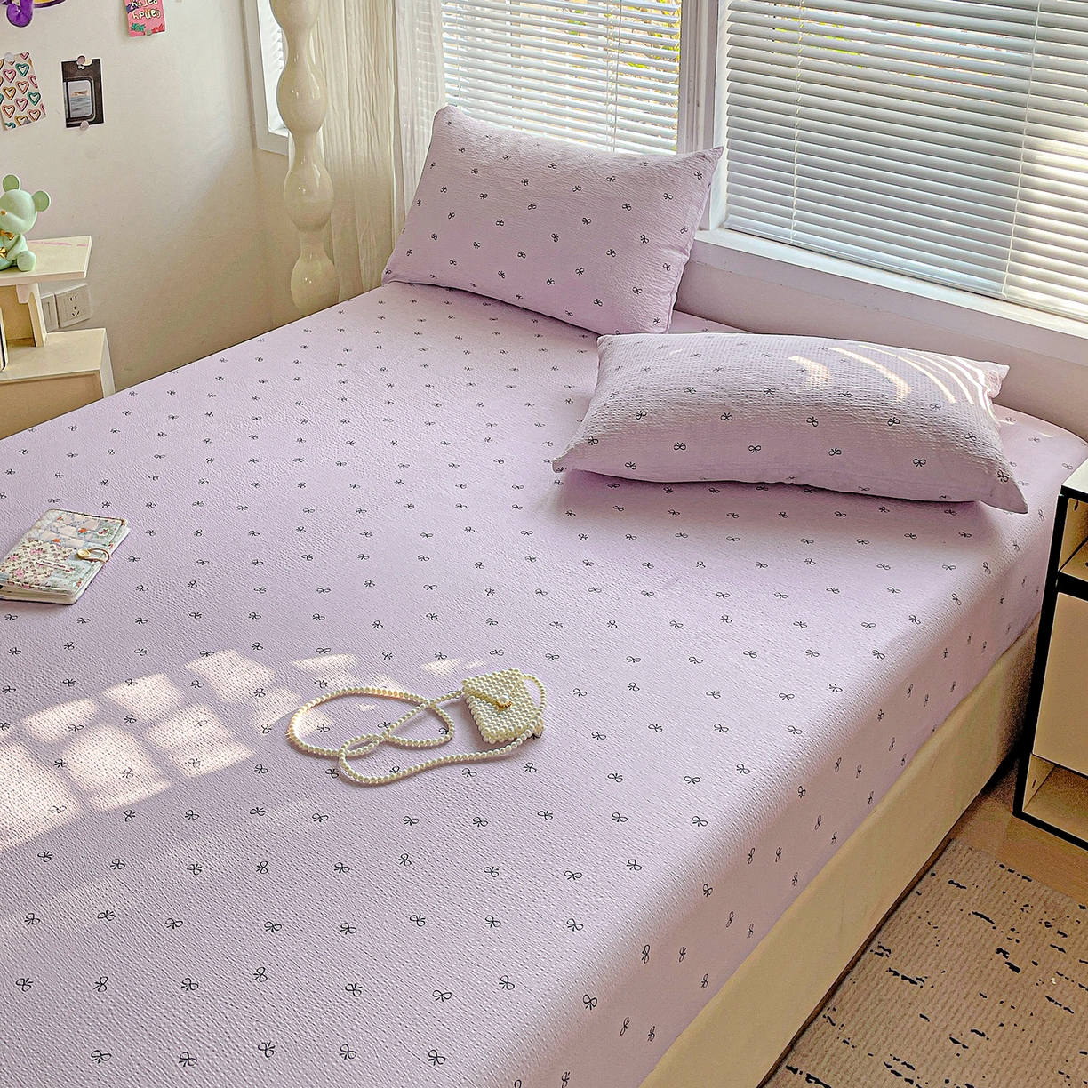 91家纺网 家纺一手货源 找家纺 优选良品 2025新款ins小清新木棉双层纱印花床笠床垫保护罩枕套三件套 蝴蝶结-紫