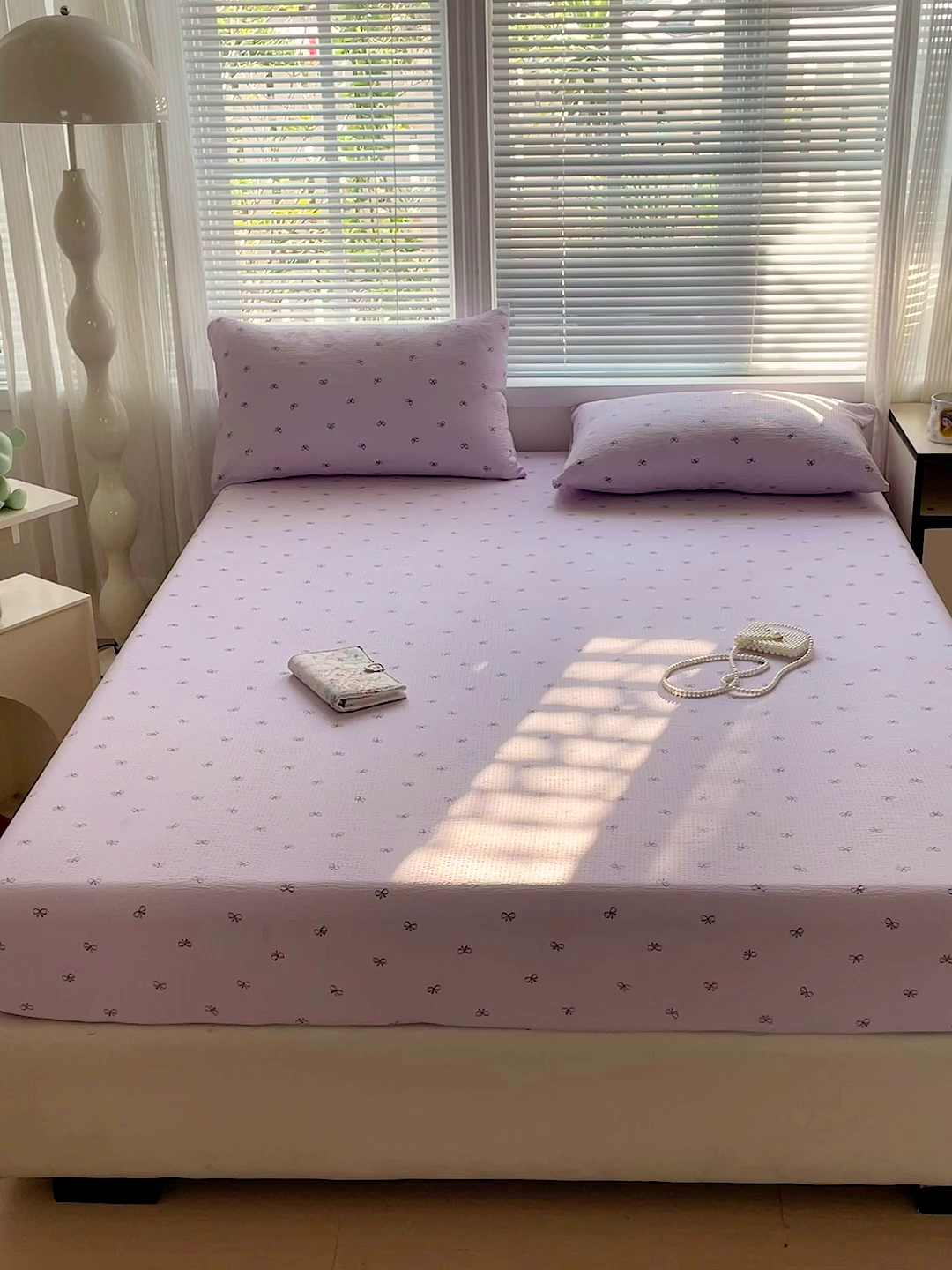 91家纺网 家纺一手货源 找家纺 优选良品 2025新款ins小清新木棉双层纱印花床笠床垫保护罩枕套三件套 蝴蝶结-紫