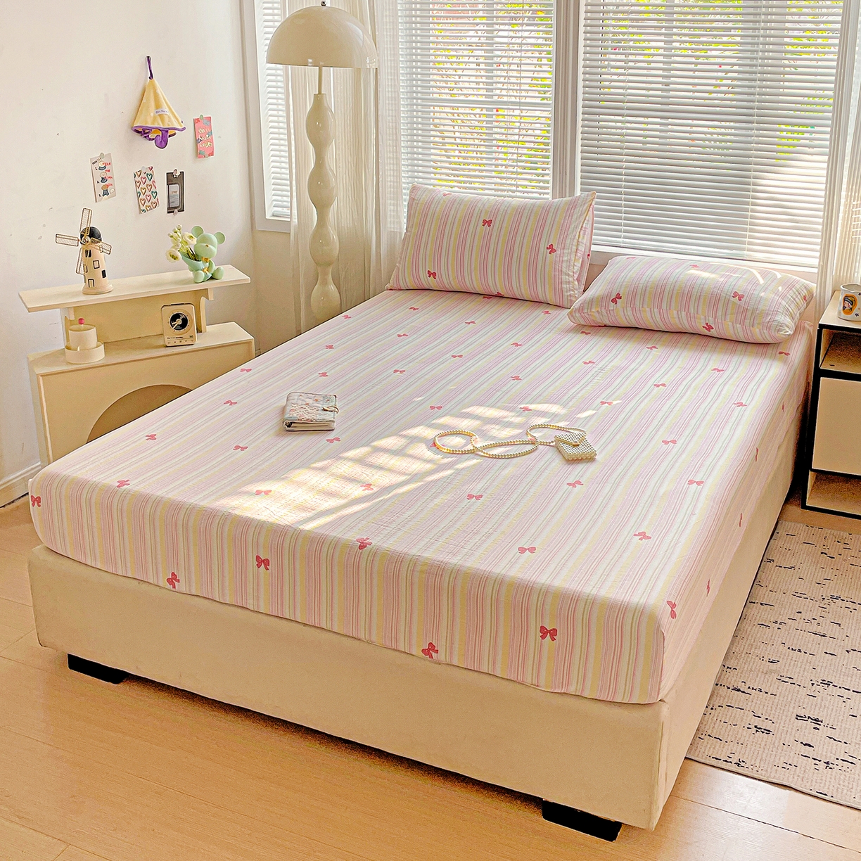 91家纺网 家纺一手货源 找家纺 优选良品 2025新款ins小清新木棉双层纱印花床笠床垫保护罩枕套三件套 梦露