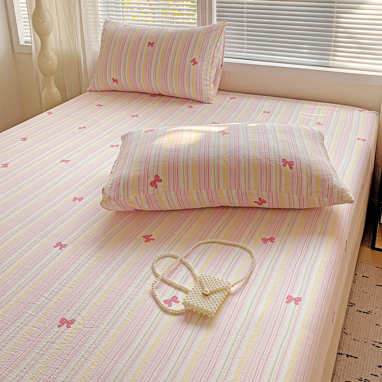 91家纺网 家纺一手货源 找家纺 优选良品 2025新款ins小清新木棉双层纱印花床笠床垫保护罩枕套三件套 梦露