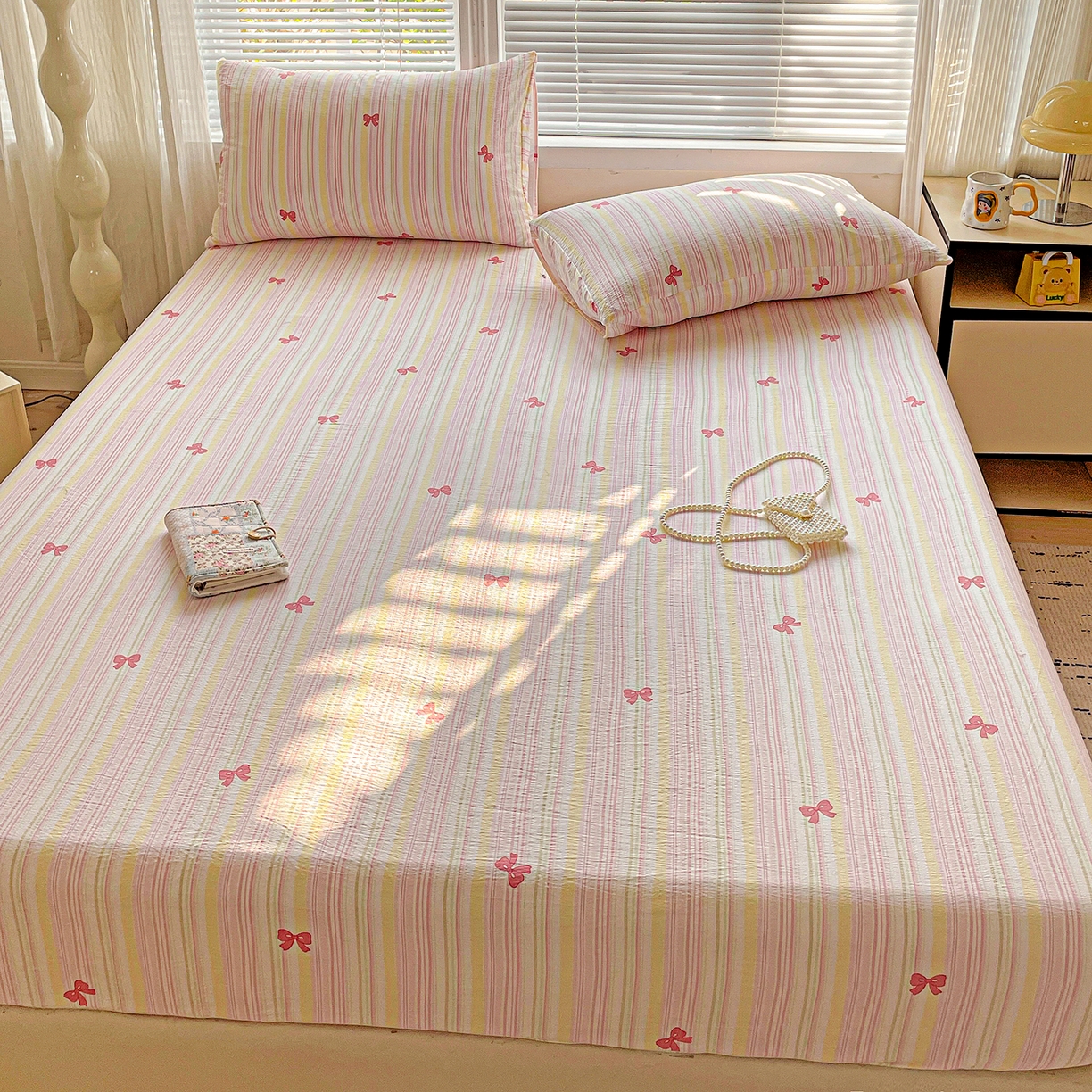 91家纺网 家纺一手货源 找家纺 优选良品 2025新款ins小清新木棉双层纱印花床笠床垫保护罩枕套三件套 梦露