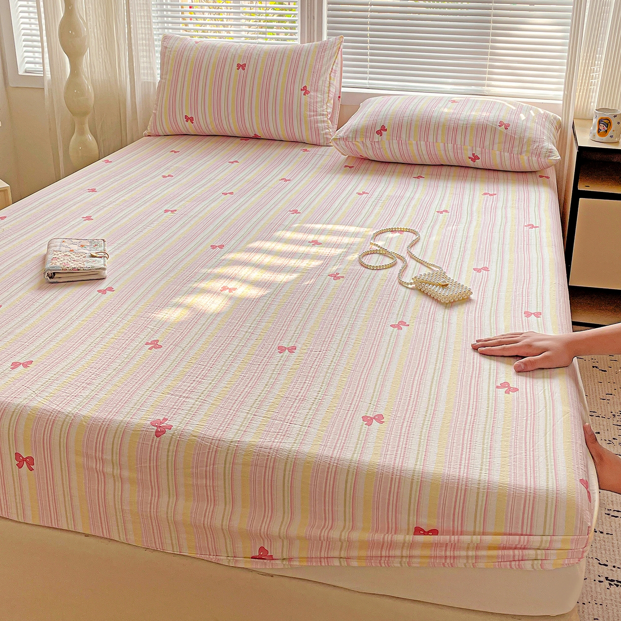 91家纺网 家纺一手货源 找家纺 优选良品 2025新款ins小清新木棉双层纱印花床笠床垫保护罩枕套三件套 梦露