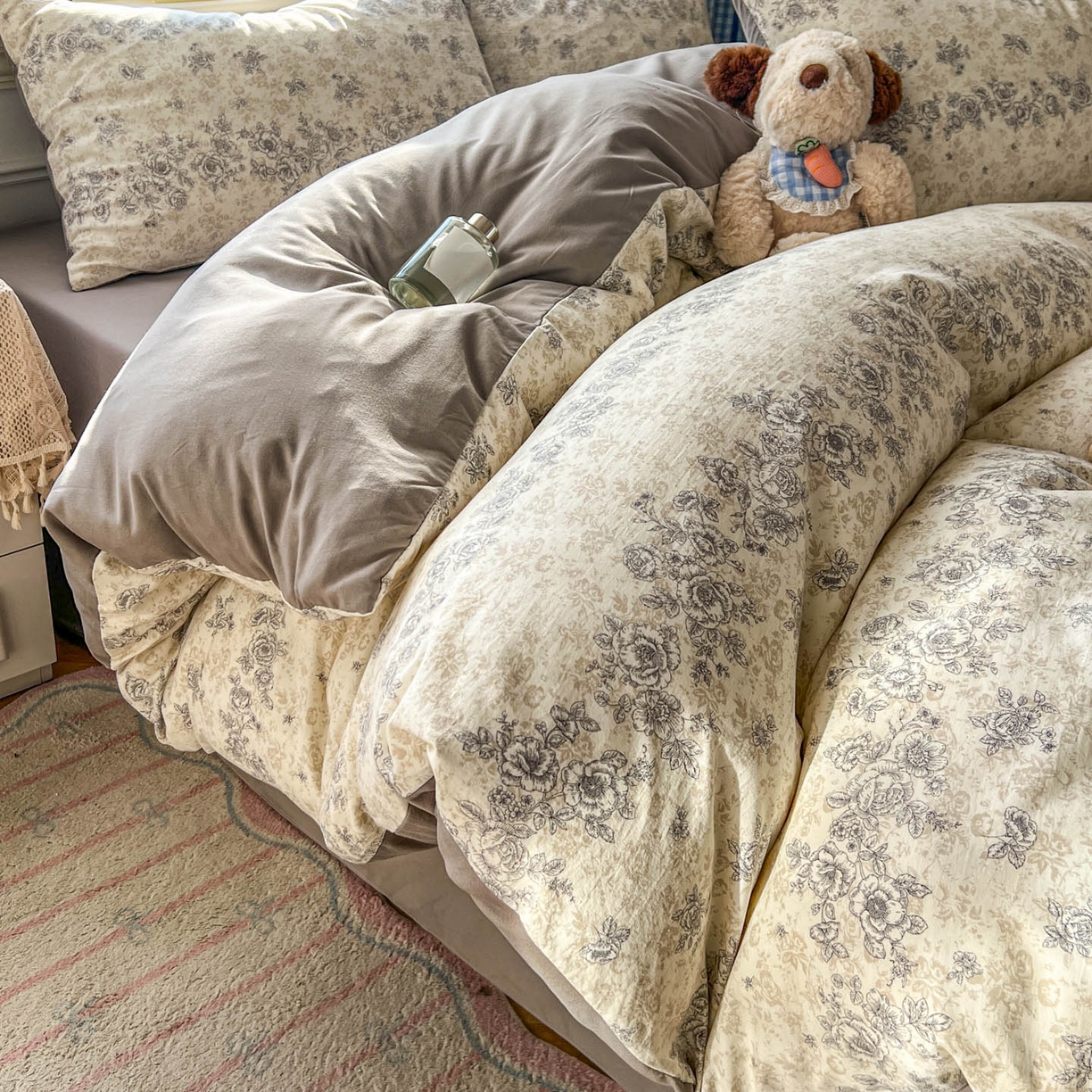 91家纺网 家纺一手货源 找家纺 暖伊家居 2026新款澳洲原单仿棉布袋四件套 米蔷薇