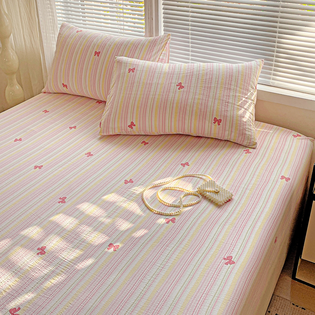 91家纺网 家纺一手货源 找家纺 优选良品 2025新款ins小清新木棉双层纱印花床笠床垫保护罩枕套三件套 梦露