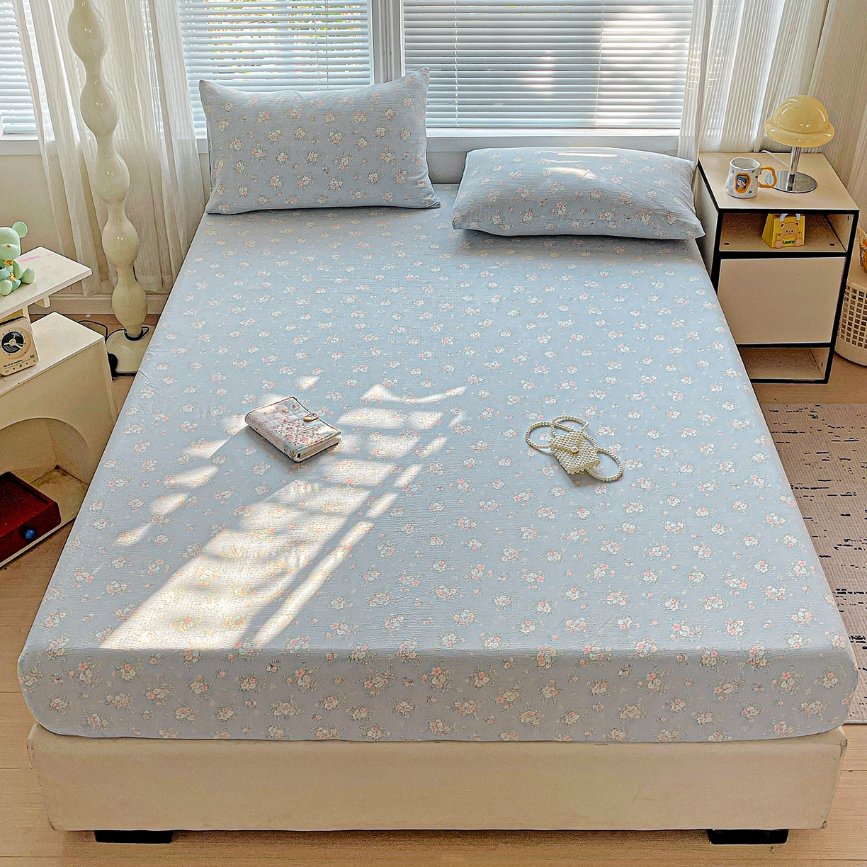 优选良品 2025新款ins小清新木棉双层纱印花床笠床垫保护罩枕套三件套 晚风逐梦