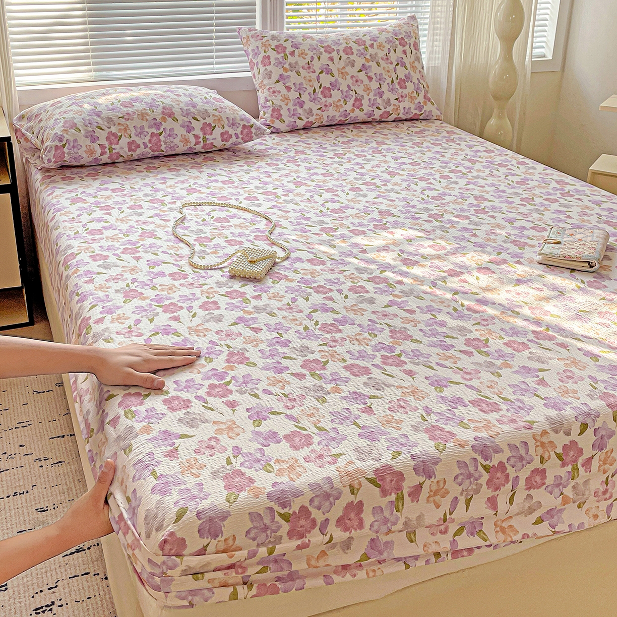 91家纺网 家纺一手货源 找家纺 优选良品 2025新款ins小清新木棉双层纱印花床笠床垫保护罩枕套三件套 微甜