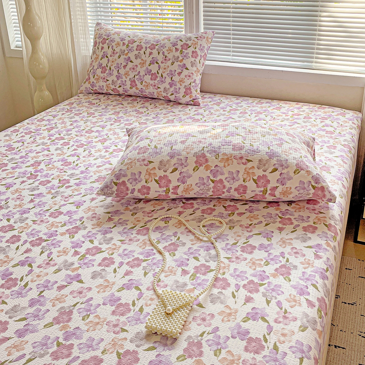 91家纺网 家纺一手货源 找家纺 优选良品 2025新款ins小清新木棉双层纱印花床笠床垫保护罩枕套三件套 微甜