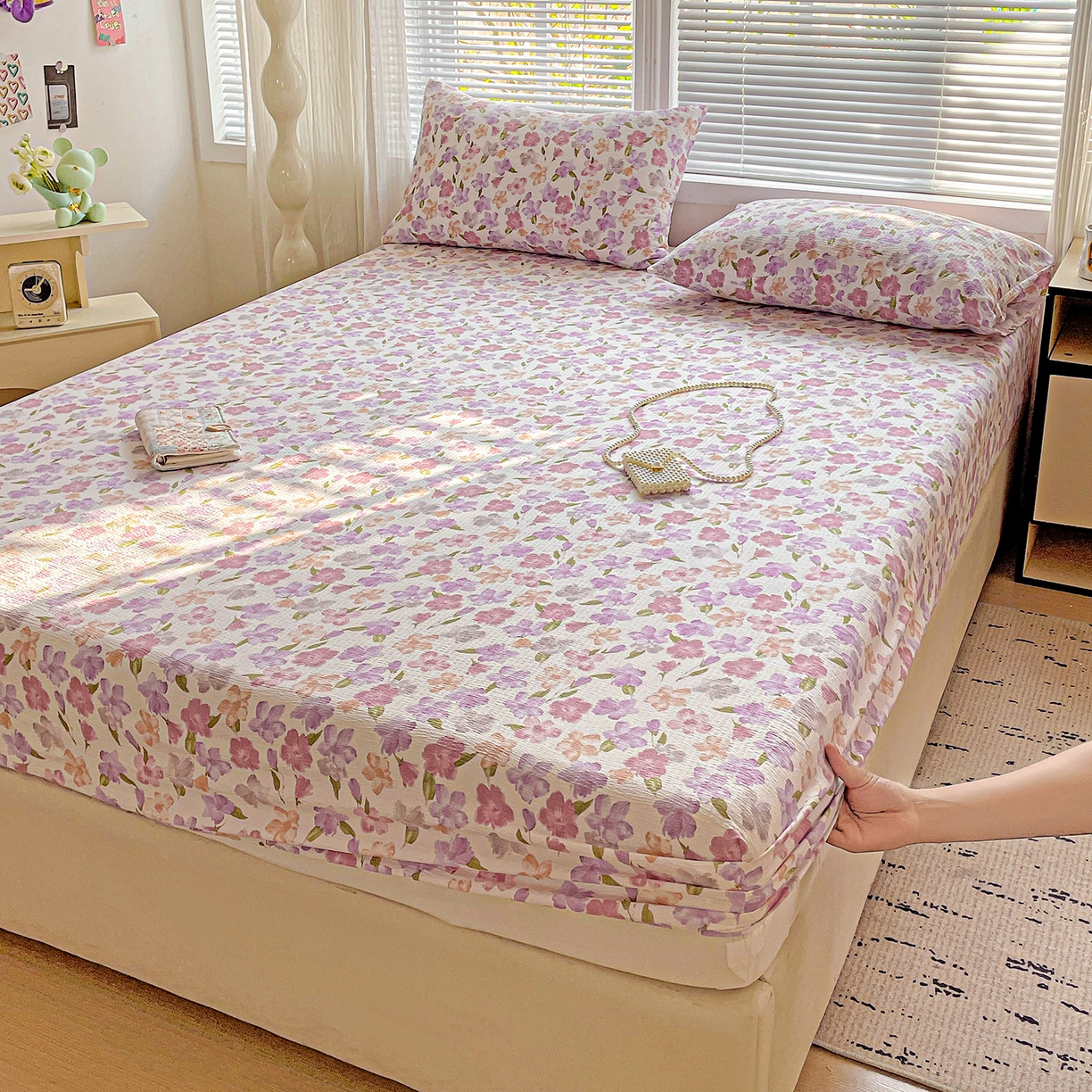 91家纺网 家纺一手货源 找家纺 优选良品 2025新款ins小清新木棉双层纱印花床笠床垫保护罩枕套三件套 微甜