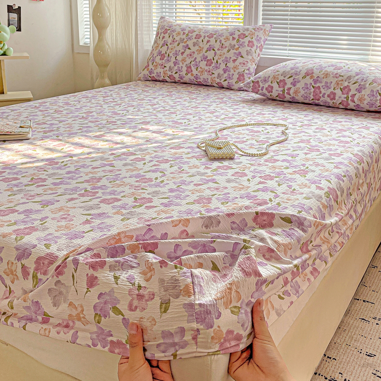 91家纺网 家纺一手货源 找家纺 优选良品 2025新款ins小清新木棉双层纱印花床笠床垫保护罩枕套三件套 微甜