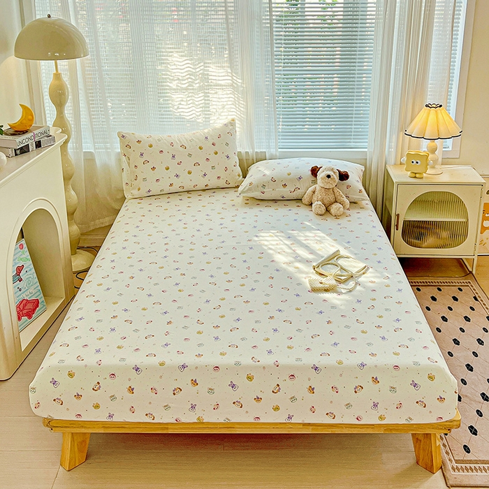 优选良品 2025新款ins小清新木棉双层纱印花床笠床垫保护罩枕套三件套 宠溺