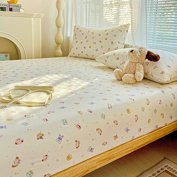 91家纺网 家纺一手货源 找家纺 优选良品 2025新款ins小清新木棉双层纱印花床笠床垫保护罩枕套三件套 宠溺