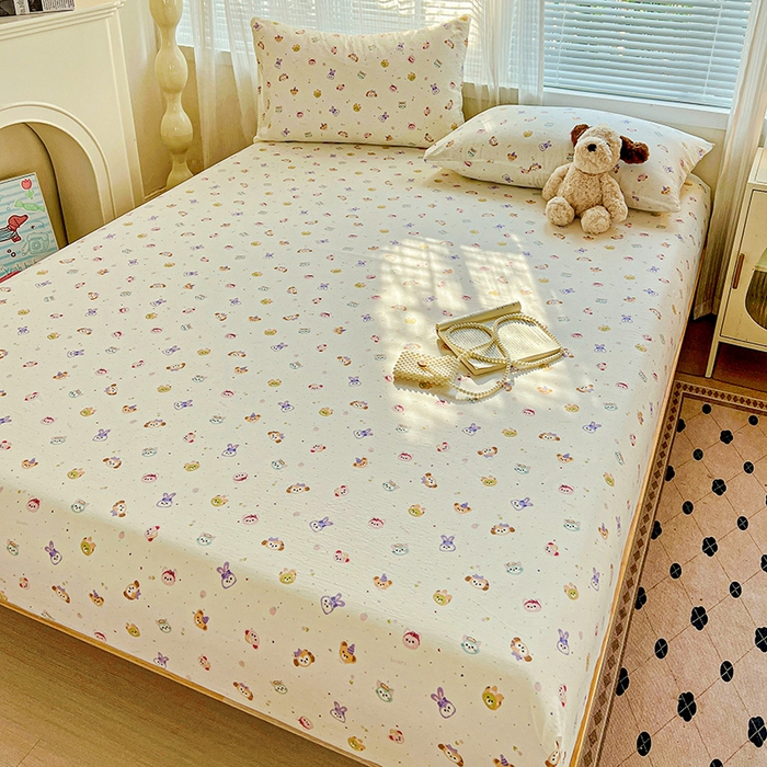 91家纺网 家纺一手货源 找家纺 优选良品 2025新款ins小清新木棉双层纱印花床笠床垫保护罩枕套三件套 宠溺