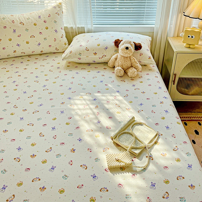 91家纺网 家纺一手货源 找家纺 优选良品 2025新款ins小清新木棉双层纱印花床笠床垫保护罩枕套三件套 宠溺