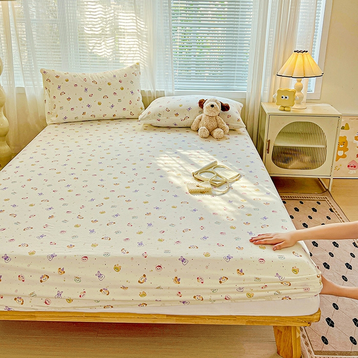 91家纺网 家纺一手货源 找家纺 优选良品 2025新款ins小清新木棉双层纱印花床笠床垫保护罩枕套三件套 宠溺