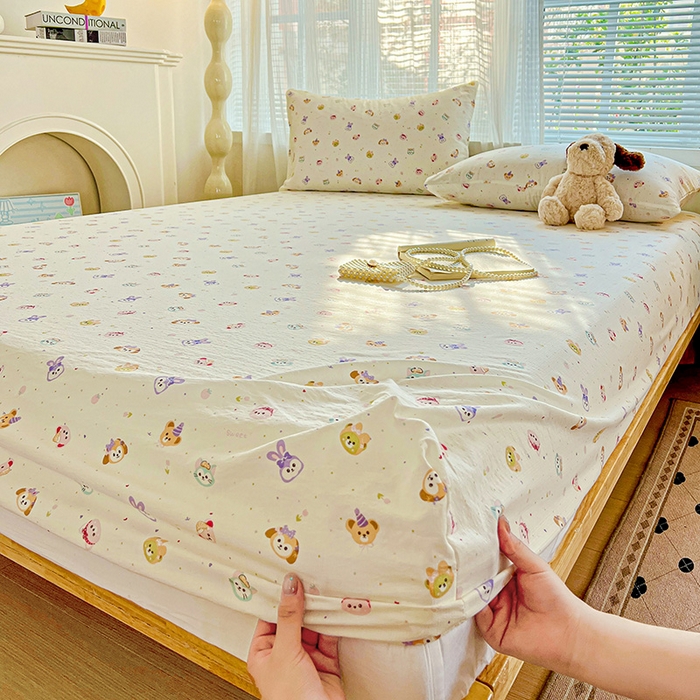 91家纺网 家纺一手货源 找家纺 优选良品 2025新款ins小清新木棉双层纱印花床笠床垫保护罩枕套三件套 宠溺