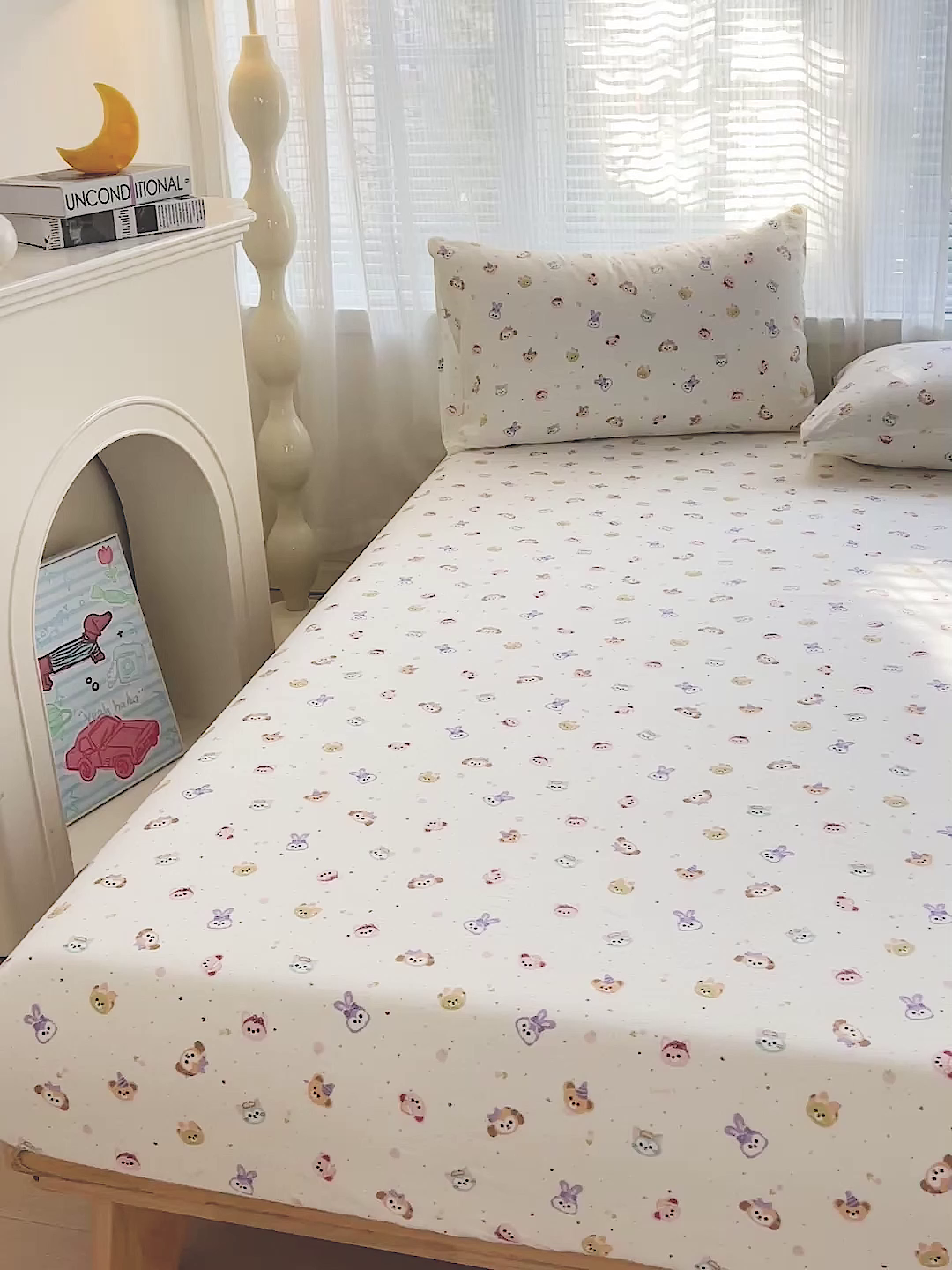 91家纺网 家纺一手货源 找家纺 优选良品 2025新款ins小清新木棉双层纱印花床笠床垫保护罩枕套三件套 宠溺