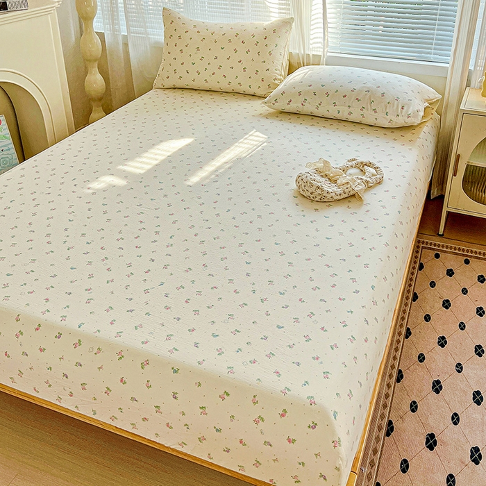 91家纺网 家纺一手货源 找家纺 优选良品 2025新款ins小清新木棉双层纱印花床笠床垫保护罩枕套三件套 春日繁花