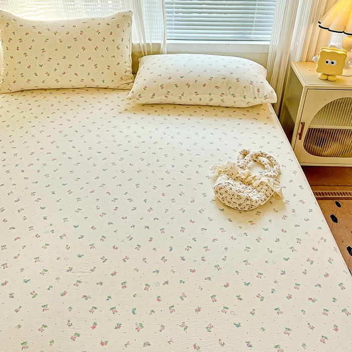 91家纺网 家纺一手货源 找家纺 优选良品 2025新款ins小清新木棉双层纱印花床笠床垫保护罩枕套三件套 春日繁花