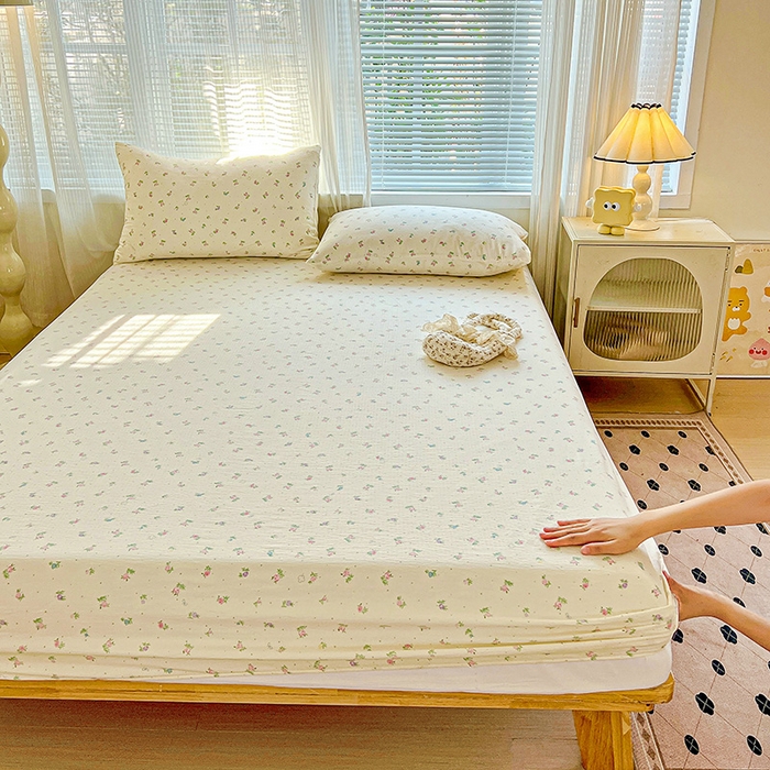 91家纺网 家纺一手货源 找家纺 优选良品 2025新款ins小清新木棉双层纱印花床笠床垫保护罩枕套三件套 春日繁花