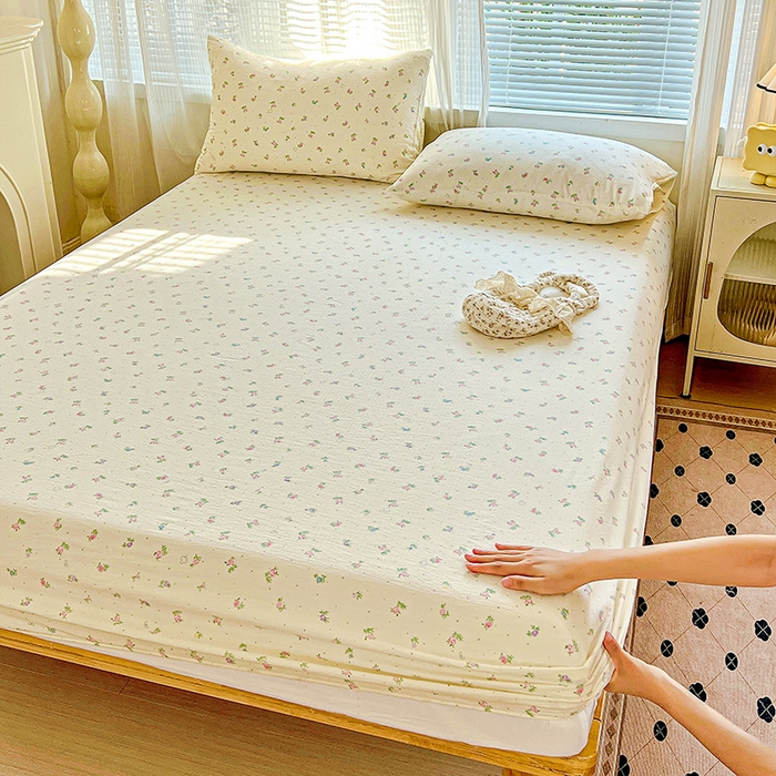 91家纺网 家纺一手货源 找家纺 优选良品 2025新款ins小清新木棉双层纱印花床笠床垫保护罩枕套三件套 春日繁花