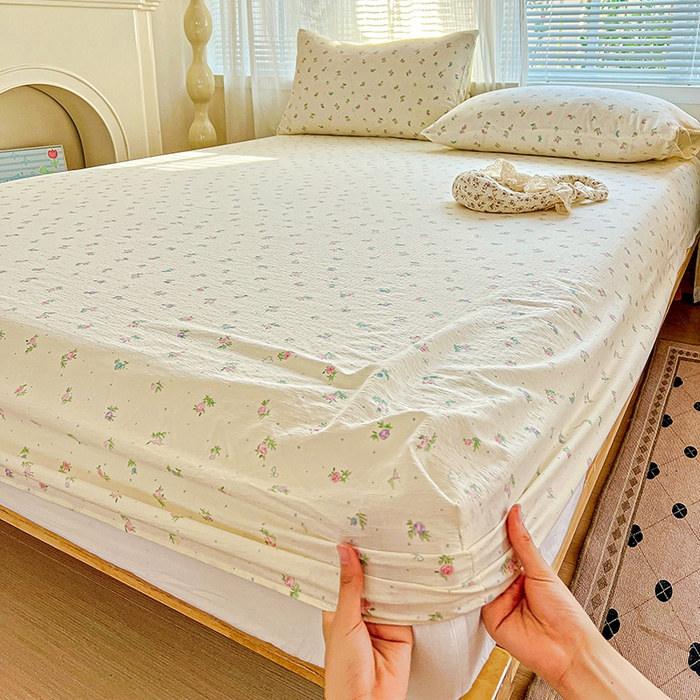 91家纺网 家纺一手货源 找家纺 优选良品 2025新款ins小清新木棉双层纱印花床笠床垫保护罩枕套三件套 春日繁花