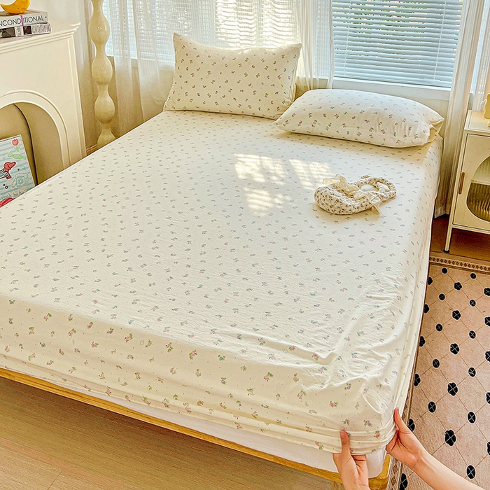 91家纺网 家纺一手货源 找家纺 优选良品 2025新款ins小清新木棉双层纱印花床笠床垫保护罩枕套三件套 春日繁花