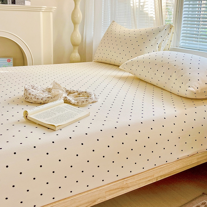 91家纺网 家纺一手货源 找家纺 优选良品 2025新款ins小清新木棉双层纱印花床笠床垫保护罩枕套三件套 小点点