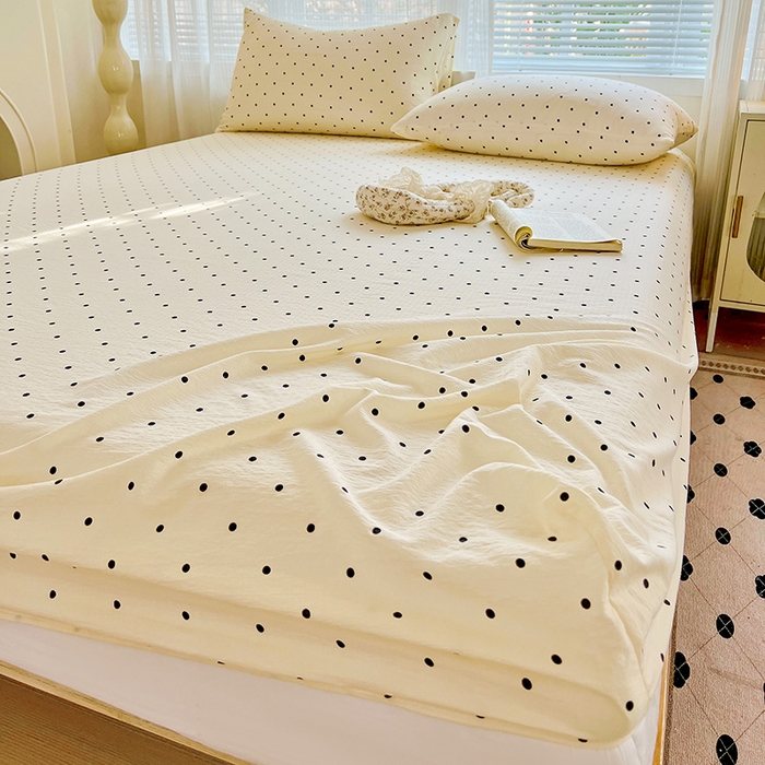 91家纺网 家纺一手货源 找家纺 优选良品 2025新款ins小清新木棉双层纱印花床笠床垫保护罩枕套三件套 小点点