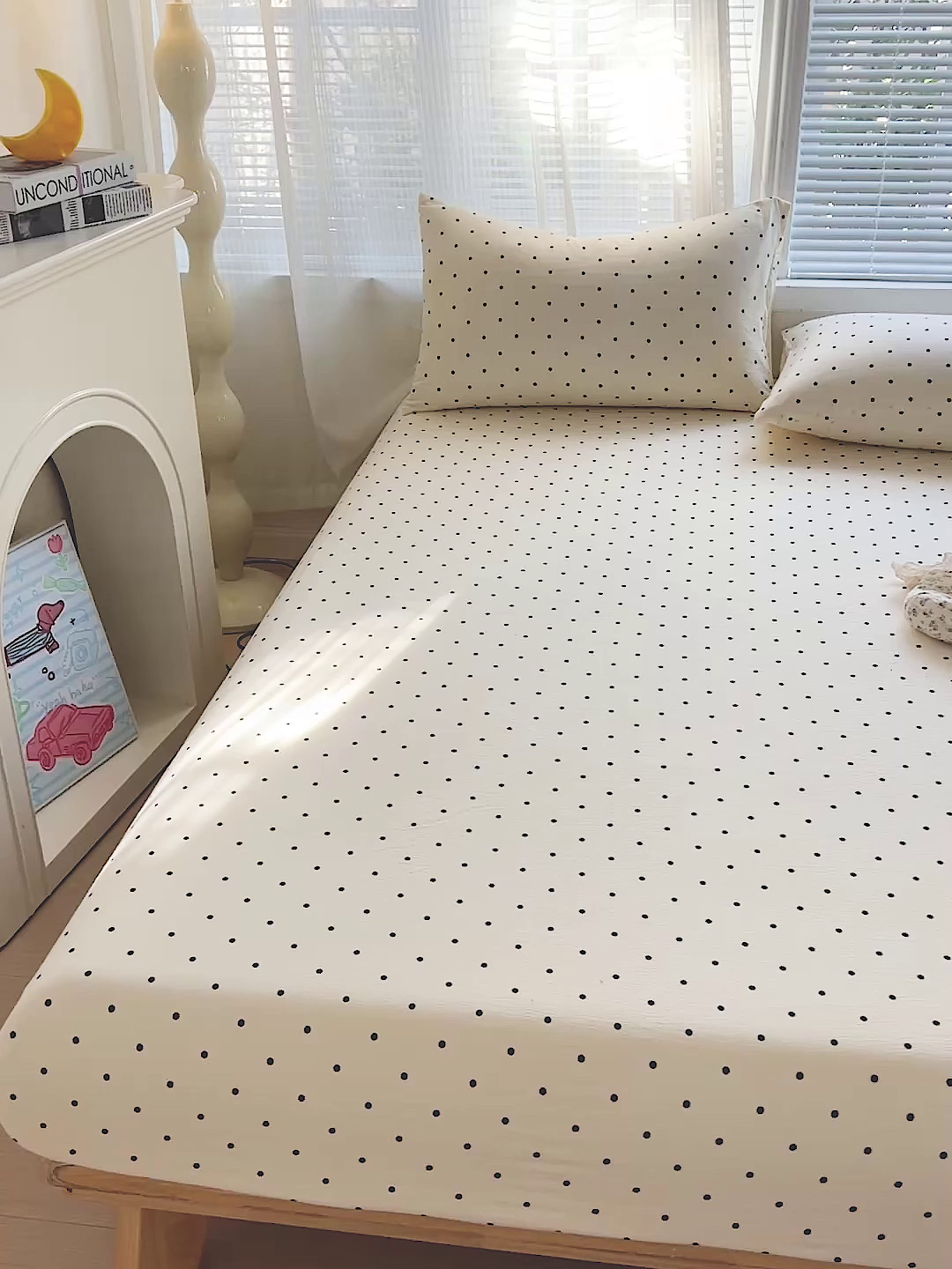 91家纺网 家纺一手货源 找家纺 优选良品 2025新款ins小清新木棉双层纱印花床笠床垫保护罩枕套三件套 小点点