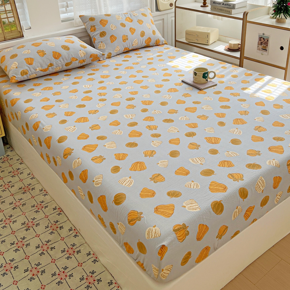 91家纺网 家纺一手货源 找家纺 优选良品 2025新款ins小清新木棉双层纱印花床笠床垫保护罩枕套三件套 南瓜堡