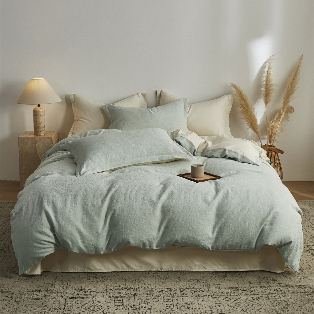 91家纺网 家纺一手货源 找家纺 顾家家居 2026新款AB面全棉厚织提花四件套 沄芷-明绿