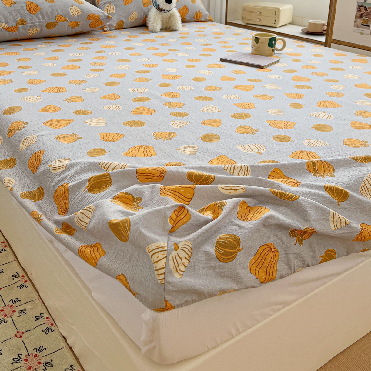 91家纺网 家纺一手货源 找家纺 优选良品 2025新款ins小清新木棉双层纱印花床笠床垫保护罩枕套三件套 南瓜堡