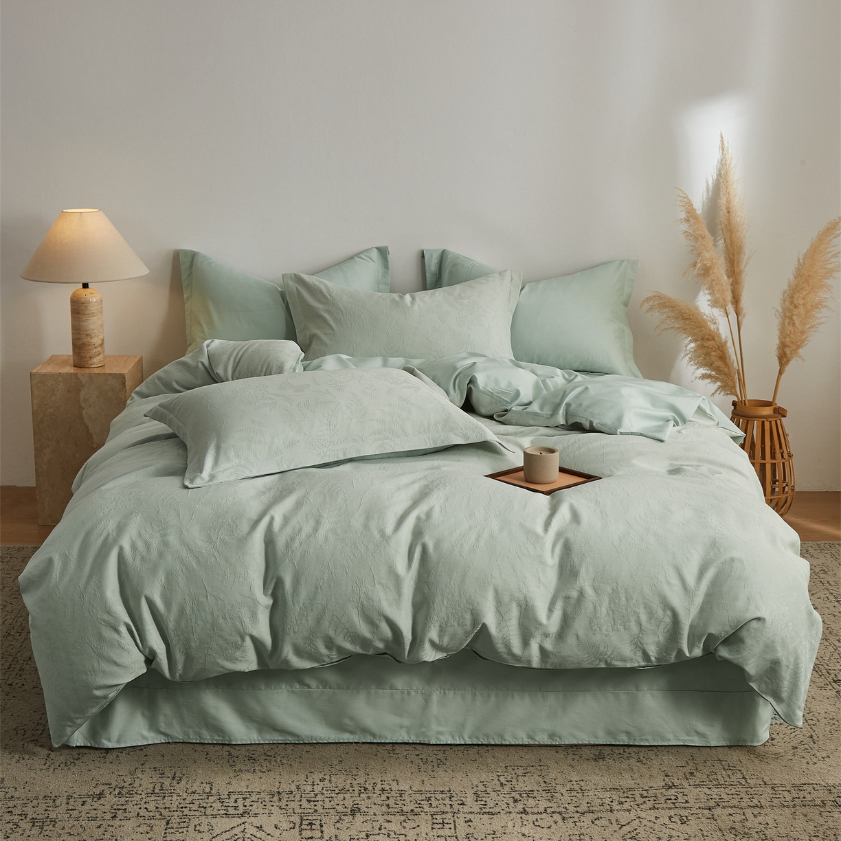 91家纺网 家纺一手货源 找家纺 顾家家居 2026新款AB面全棉厚织提花四件套 枝椿-明绿