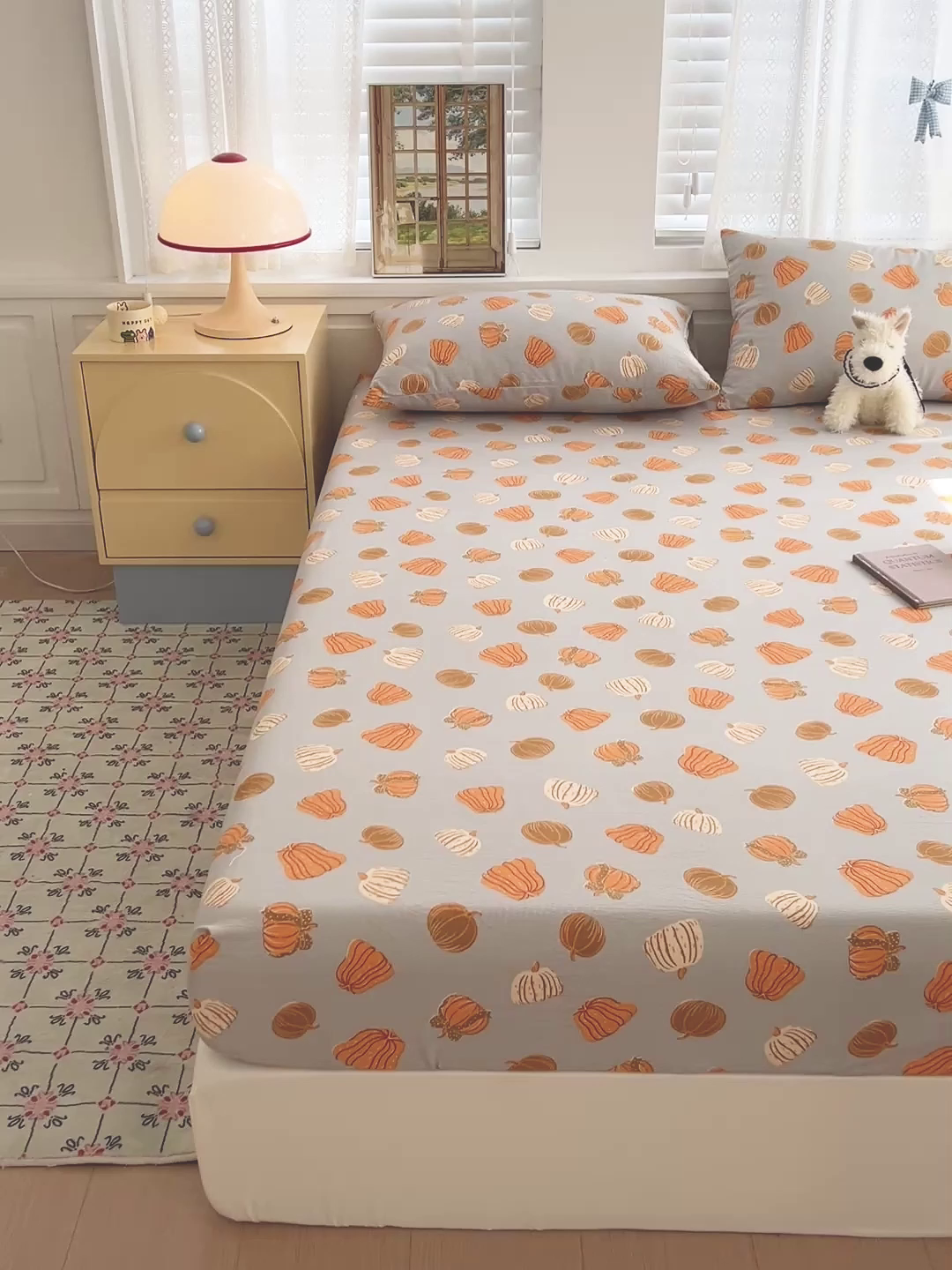 91家纺网 家纺一手货源 找家纺 优选良品 2025新款ins小清新木棉双层纱印花床笠床垫保护罩枕套三件套 南瓜堡